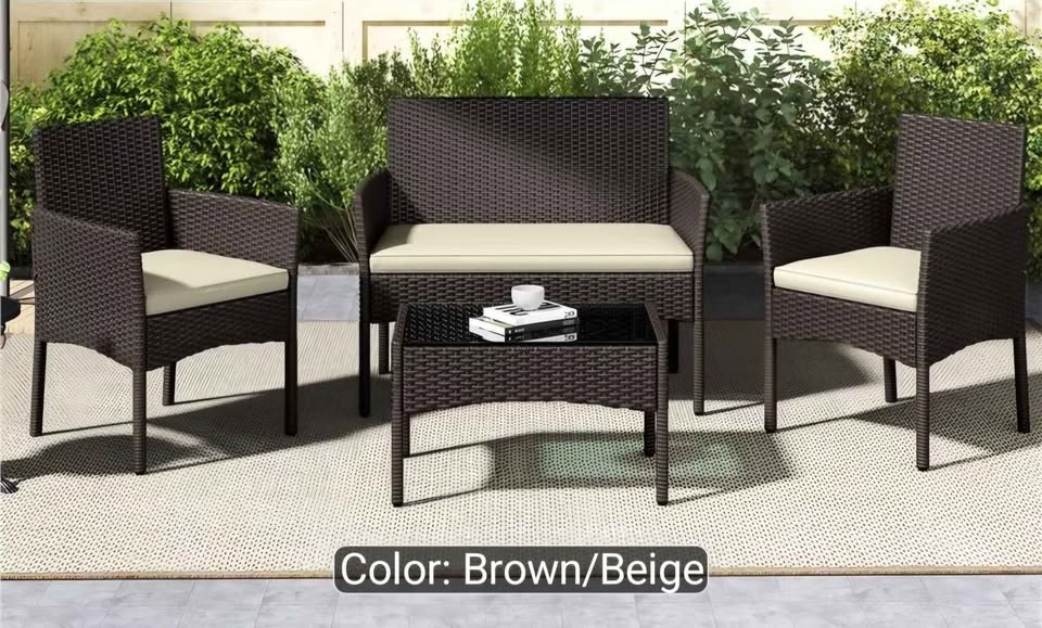 4-Piece Outdoor Rattan Patio Furniture Set - Brand New In Box Smoke Free Home - Beige Cushions