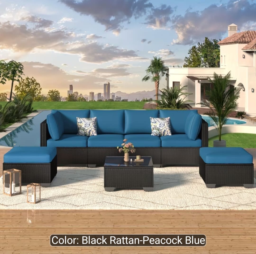 Brand New 7-Piece Outdoor Rattan Patio Furniture Set - Peacock Blue Smoke Free Home